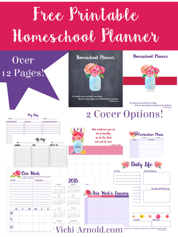 Free Printable Homeschool Planner - over 12 pages with 2 cover options